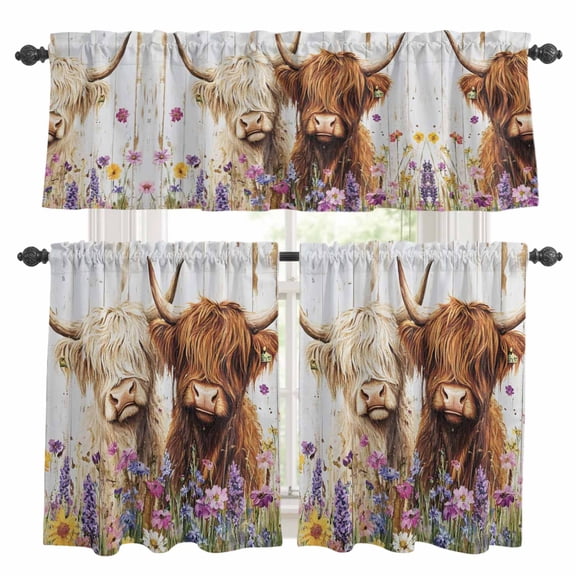 3 Piece Kitchen Curtains and Valances Set Farmhouse Highland Cows Cafe Curtains 24 Inch Length Meadow Flowers Country Rustic Valance & Tier Curtain for Living Room Bedroom Window 54"x18"+27"x24"*2