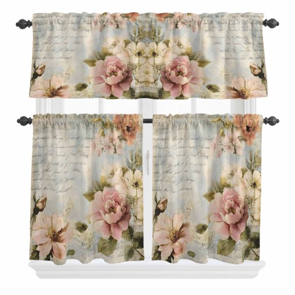 3 Piece Kitchen Curtains and Valances Set Farmhouse Pink Floral Cafe Curtains 36 Inch Length Spring Vintage Botanical Flowers Valance & Tier Curtain for Living Room Bedroom Window 54"x18"+27"x36"*2