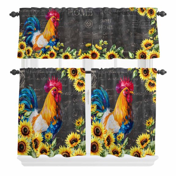 3 Piece Kitchen Curtains and Valances Set Farmhouse Rooster Cafe Curtains 24 Inch Length Black Retro Botanical Sunflower Floral Valance & Tier Curtain for Living Room Bedroom Window 54"x18"+27"x24"*2