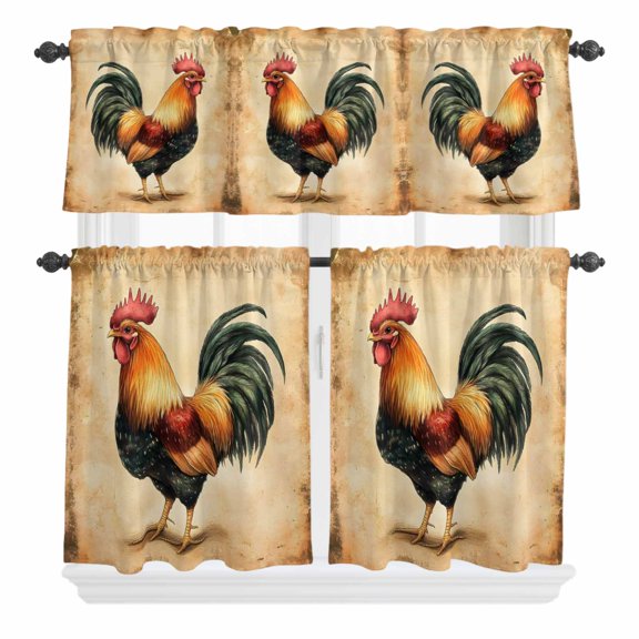 3 Piece Kitchen Curtains and Valances Set Farmhouse Rooster Cafe Curtains 24 Inch Length Retro Country Watercolor Animal Valance & Tier Curtain for Living Room Bedroom Small Window 54"x18"+27"x24"*2