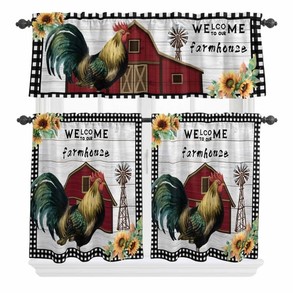 3 Piece Kitchen Curtains and Valances Set Farmhouse Rooster Cafe Curtains 24 Inch Length Rustic Red Barn Windmill Sunflowers Valance & Tier Curtain for Living Room Bedroom Window 54"x18"+27"x24"*2