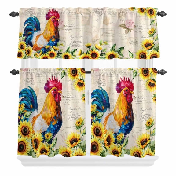 3 Piece Kitchen Curtains and Valances Set Farmhouse Rooster Cafe Curtains 24 Inch Length Vintage Botanical Sunflower Floral Valance & Tier Curtain for Living Room Bedroom Window 54"x18"+27"x24"*2