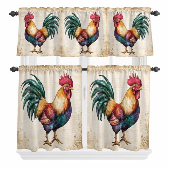 3 Piece Kitchen Curtains and Valances Set Farmhouse Rooster Cafe Curtains 24 Inch Length Vintage Country Animal Prints Valance & Tier Curtain for Living Room Bedroom Small Window 54"x18"+27"x24"*2