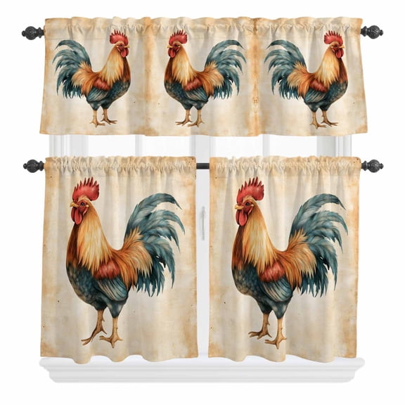 3 Piece Kitchen Curtains and Valances Set Farmhouse Rooster Cafe Curtains 24 Inch Length Vintage Country Animals Print Valance & Tier Curtain for Living Room Bedroom Small Window 54"x18"+27"x24"*2