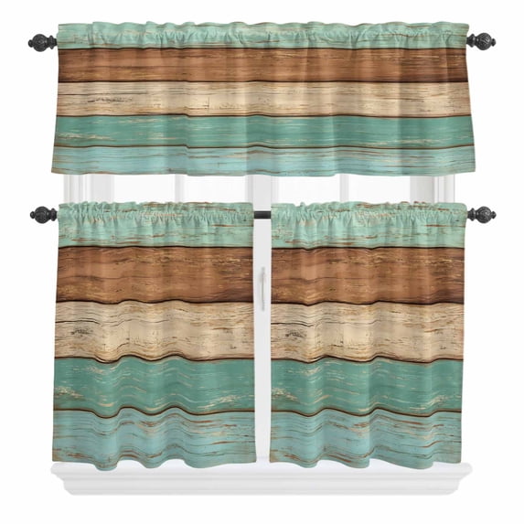 3 Piece Kitchen Curtains and Valances Set Farmhouse Teal Blue Brown Cafe Curtains 24 Inch Length Vintage Wooden Striped Valance & Tier Curtain for Living Room Bedroom Small Window 54"x18"+27"x24"*2