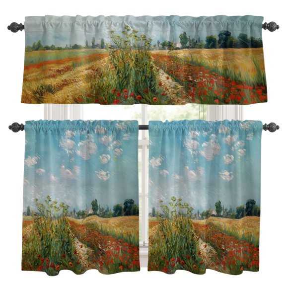 3 Piece Kitchen Curtains and Valances Set Farmhouse Wildflower Cafe Curtains 36 Inch Length Pastoral Botanical Budding Floral Valance & Tier Curtain for Living Room Bedroom Window 54"x18"+27"x36"*2