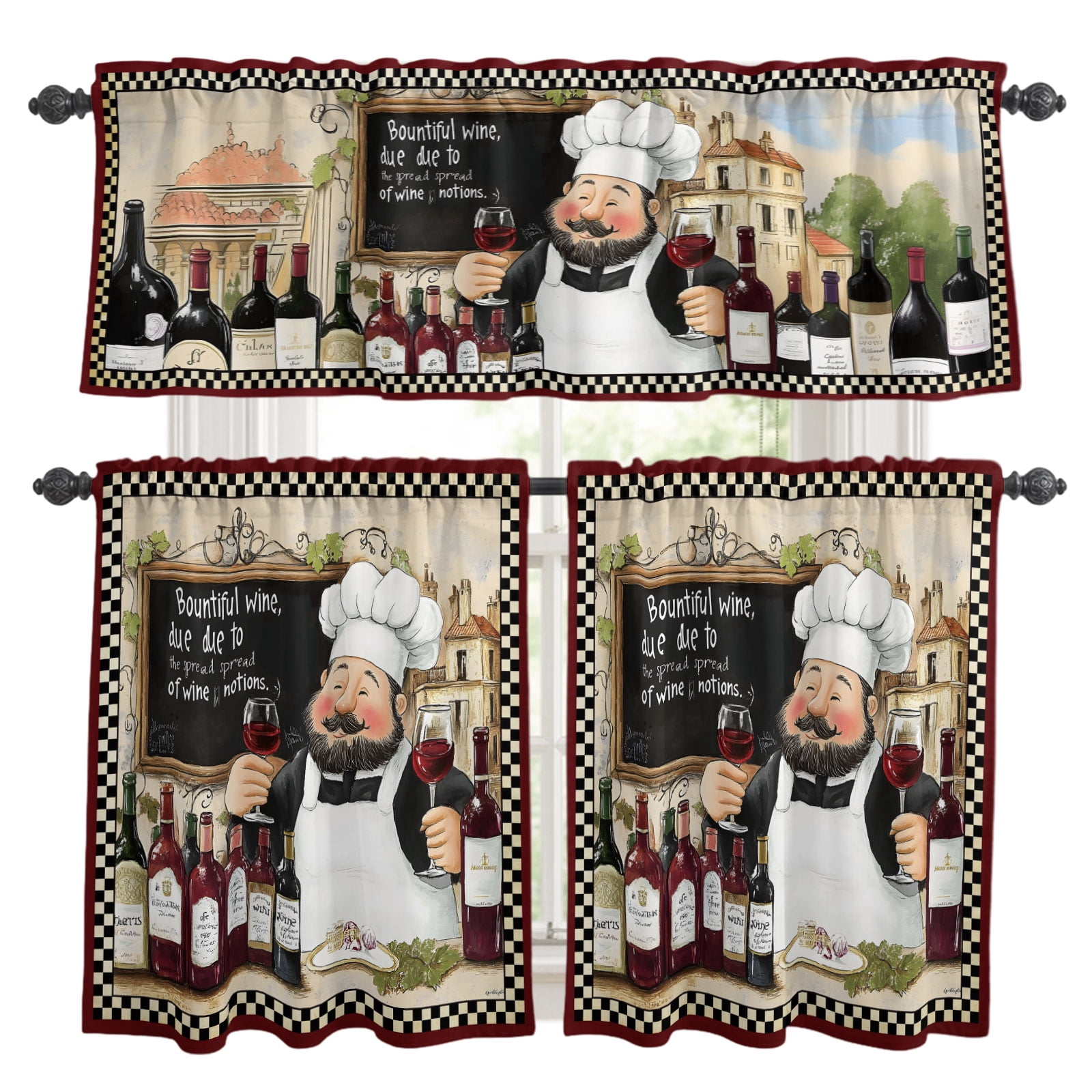 3 Piece Kitchen Curtains and Valances Set Fat Chef Vintage Cafe ...