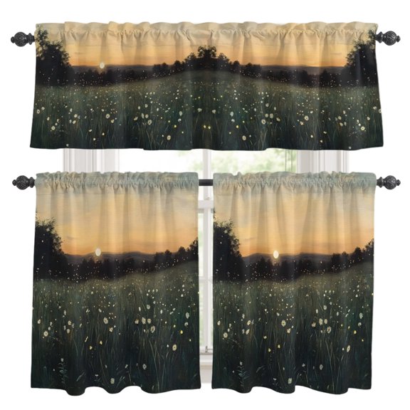 3 Piece Kitchen Curtains and Valances Set Field Wildflowers Cafe Curtains 36 Inch Length Pastoral Dreamy Nightfall Nature Valance & Tier Curtain for Living Room Bedroom Small Window 54"x18"+27"x36"*2