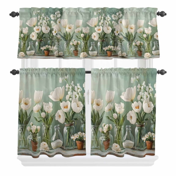 3 Piece Kitchen Curtains and Valances Set Floral Cafe Curtains 24 Inch Length Petals Flower Wildflower Garden Motifs Painting Valance & Tier Curtain for Living Room Bedroom Window 54"x18"+27"x24"*2