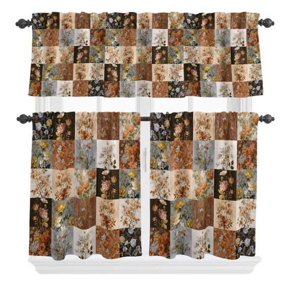 3 Piece Kitchen Curtains and Valances Set Floral Patchwork Cafe Curtains 24 Inch Length Vintage Country Geometric Flower Valance & Tier Curtain for Living Room Bedroom Small Window 54"x18"+27"x24"*2