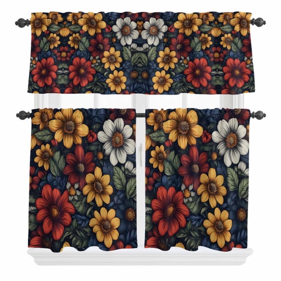 3 Piece Kitchen Curtains and Valances Set Flower Floral Cafe Curtains 24 Inch Length Cottagecore Blooms Garden Wildflower Valance & Tier Curtain for Living Room Bedroom Small Window 54"x18"+27"x24"*2