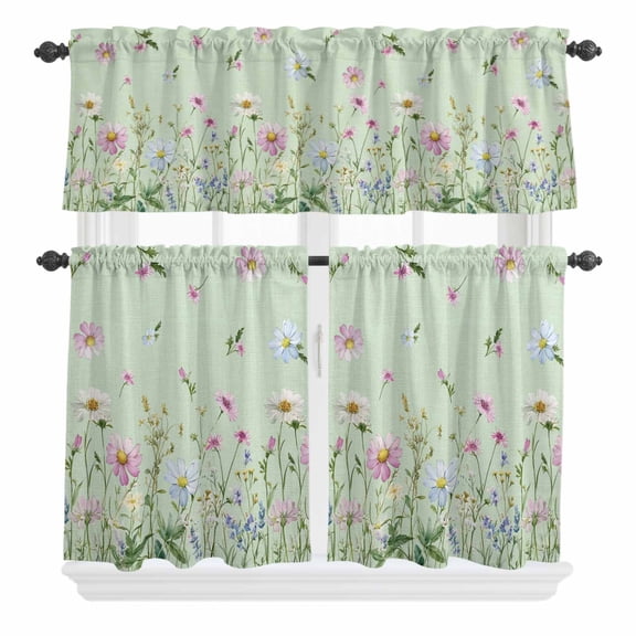 3 Piece Kitchen Curtains and Valances Set Flower Green Cafe Curtains 36 Inch Length Blue Pink Daisy Wildflower Floral Botanical Valance & Tier Curtain for Living Room Bedroom Window 54"x18"+27"x36"*2