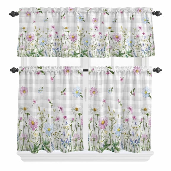 3 Piece Kitchen Curtains and Valances Set Flower Grey Cafe Curtains 36 Inch Length Blue Pink Plaid Wildflower Botanical Country Valance & Tier Curtain for Living Room Bedroom Window 54"x18"+27"x36"*2
