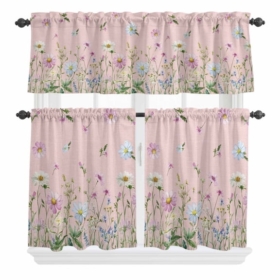 3 Piece Kitchen Curtains and Valances Set Flower Pink Cafe Curtains 36 Inch Length Blue Pink Daisy Wildflower Floral Botanical Valance & Tier Curtain for Living Room Bedroom Window 54"x18"+27"x36"*2