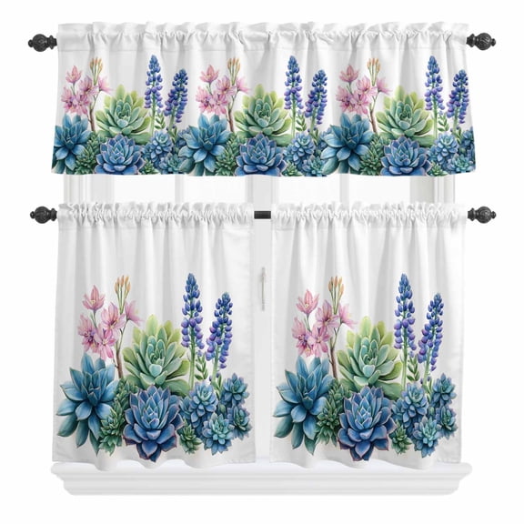 3 Piece Kitchen Curtains and Valances Set Green Blue Pink Cafe Curtains 24 Inch Length Summer Botanical Tropical Valance & Tier Curtain for Living Room Bedroom Small Window 54"x18"+27"x24"*2