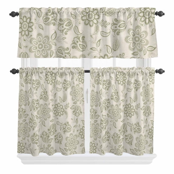 3 Piece Kitchen Curtains and Valances Set Green Flowers Cafe Curtains 24 Inch Length Vintage Country Ethnic Tribal Artwork Valance & Tier Curtain for Living Room Bedroom Window 54"x18"+27"x24"*2