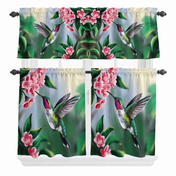 3 Piece Kitchen Curtains and Valances Set Green Hummingbird Cafe Curtains 24 Inch Length Spring Summer Pink Flower Leaf Valance & Tier Curtain for Living Room Bedroom Small Window 54"x18"+27"x24"*2