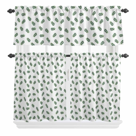 3 Piece Kitchen Curtains and Valances Set Green Leaf Cafe Curtains 36 Inch Length Botanical Prints Cottagecore Garden Plant Valance & Tier Curtain for Living Room Bedroom Window 54"x18"+27"x36"*2