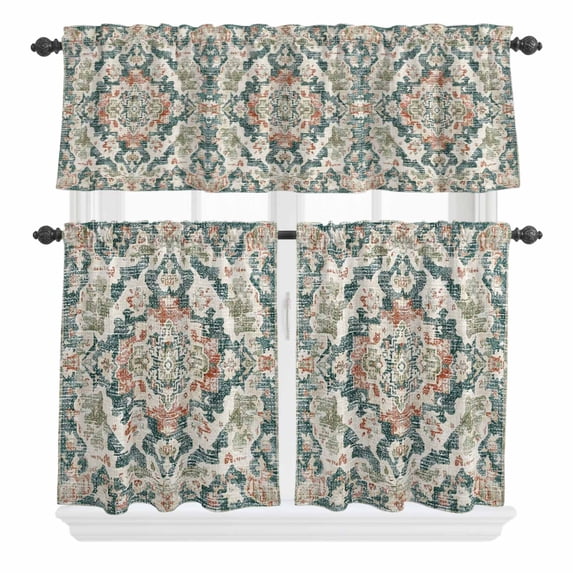 3 Piece Kitchen Curtains and Valances Set Green Orange Boho Cafe Curtains 36 Inch Length Abstract Medieval Vintage Ethnic Floral Valance & Tier Curtain for Living Room Bedroom 54"x18"+27"x36"*2