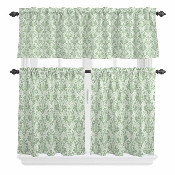 3 Piece Kitchen Curtains and Valances Set Green Scroll Floral Cafe Curtains 24 Inch Length Baroque Damask Medallion Pattern Valance & Tier Curtain for Living Room Bedroom Window 54"x18"+27"x24"*2