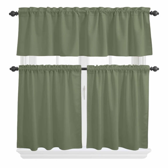 3 Piece Kitchen Curtains and Valances Set Green Solid Color Cafe Curtains 36 Inch Length Aesthetics Contemporary Luxury Valance & Tier Curtain for Living Room Bedroom Small Window 54"x18"+27"x36"*2
