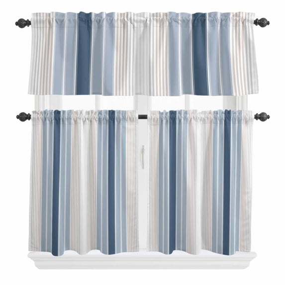 3 Piece Kitchen Curtains and Valances Set Grey Blue Vertical Stripes Cafe Curtains 36 Inch Length Modern Minimalist Abstract Valance & Tier Curtain for Living Room Bedroom Window 54"x18"+27"x36"*2