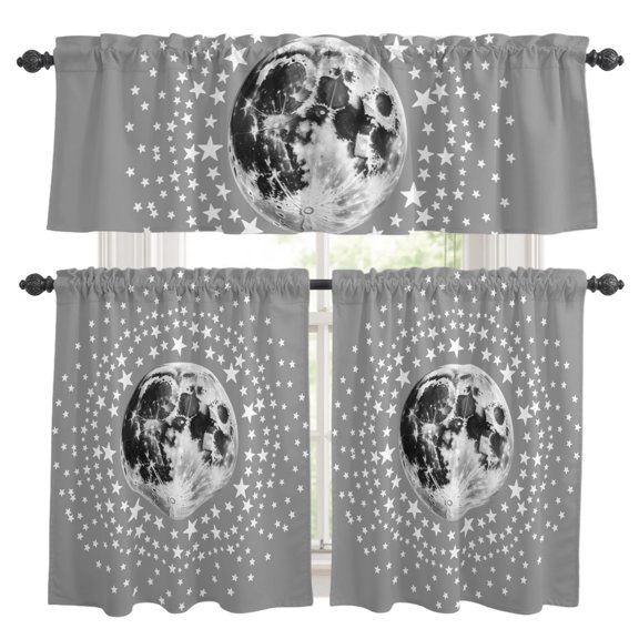3 Piece Kitchen Curtains and Valances Set Grey Moon Cafe Curtains 24 Inch Length Modern Abstract Minimalist Stars Artwork Valance & Tier Curtain for Living Room Bedroom Small Window 54"x18"+27"x24"*2
