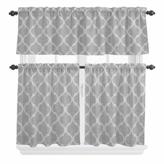 3 Piece Kitchen Curtains and Valances Set Grey Moroccan Cafe Curtains 36 Inch Length Vintage Ethnic Abstract Geometric Stripes Valance & Tier Curtain for Living Room Bedroom Window 54"x18"+27"x36"*2