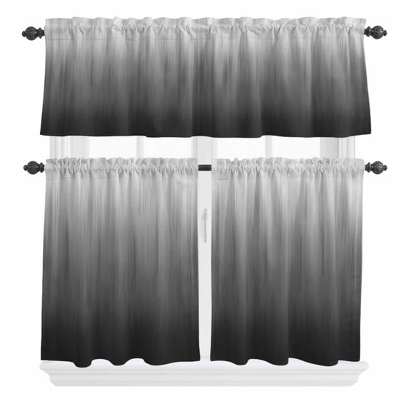 3 Piece Kitchen Curtains and Valances Set Grey Ombre Cafe Curtains 36 Inch Length Contemporary Gradient Abstract Art Valance & Tier Curtain for Living Room Bedroom Small Window 54"x18"+27"x36"*2