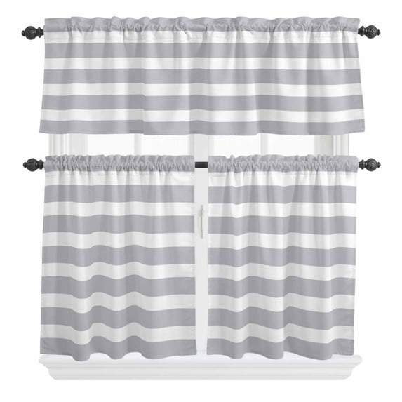 3 Piece Kitchen Curtains and Valances Set Grey Stripe Cafe Curtains 36 Inch Length Modern Simple Geometric White Striped Valance & Tier Curtain for Living Room Bedroom Small Window 54"x18"+27"x36"*2