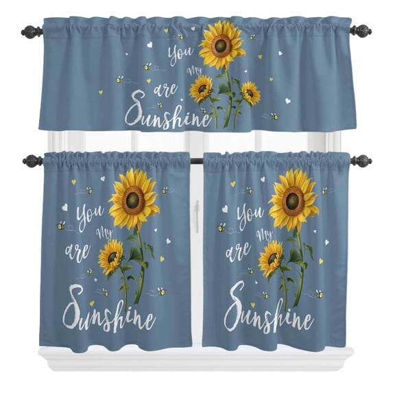 3 Piece Kitchen Curtains and Valances Set Haze Blue Sunshine Sunflower Cafe Curtains 36 Inch Length Pastoral Bees Farmhouse Floral Valance & Tier Curtain for Living Room Bedroom 54"x18"+27"x36"*2
