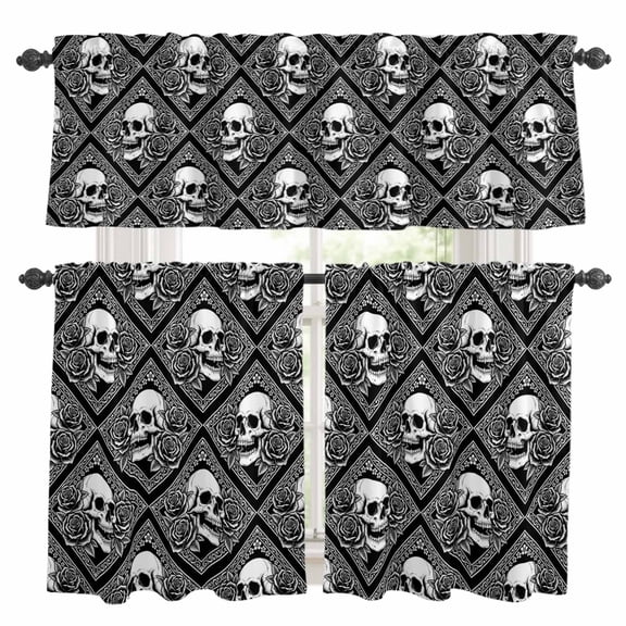 3 Piece Kitchen Curtains and Valances Set Horror Skull Cafe Curtains 24 Inch Length Black Rose Baroque Abstract Geometric Art Valance & Tier Curtain for Living Room Bedroom Window 54"x18"+27"x24"*2
