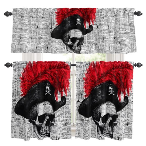 3 Piece Kitchen Curtains and Valances Set Human Skull Cafe Curtains 36 Inch Length Red Ostrich Feather Horror Art Newsprint Valance & Tier Curtain for Living Room Bedroom Window 54"x18"+27"x36"*2