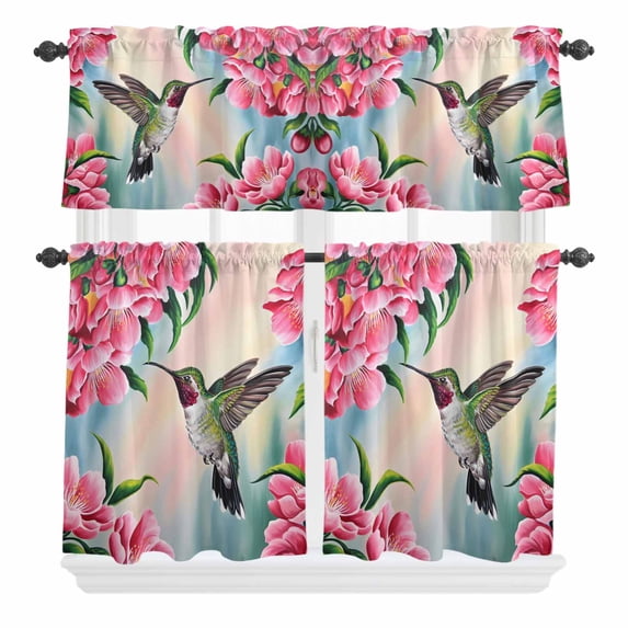 3 Piece Kitchen Curtains and Valances Set Hummingbird Cafe Curtains 24 Inch Length Spring Summer Pink Red Flower Leaf Valance & Tier Curtain for Living Room Bedroom Small Window 54"x18"+27"x24"*2