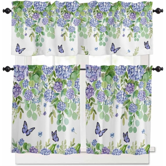 3-Piece Kitchen Curtains and Valances Set Hydrangea Eucalyptus Leaves Rod Pocket Soft Kitchen Curtain Set Washable Kitchen Window Curtains Set Butterfly Spring Purple