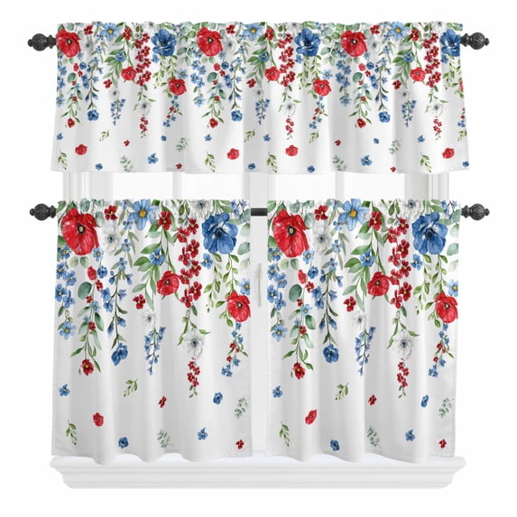 3 Piece Kitchen Curtains and Valances Set Independence Day Cafe Curtains 36 Inch Length Eucalyptus Leaves Country Flowers Valance & Tier Curtain for Living Room Bedroom Small Window 54"x18"+27"x36"*2