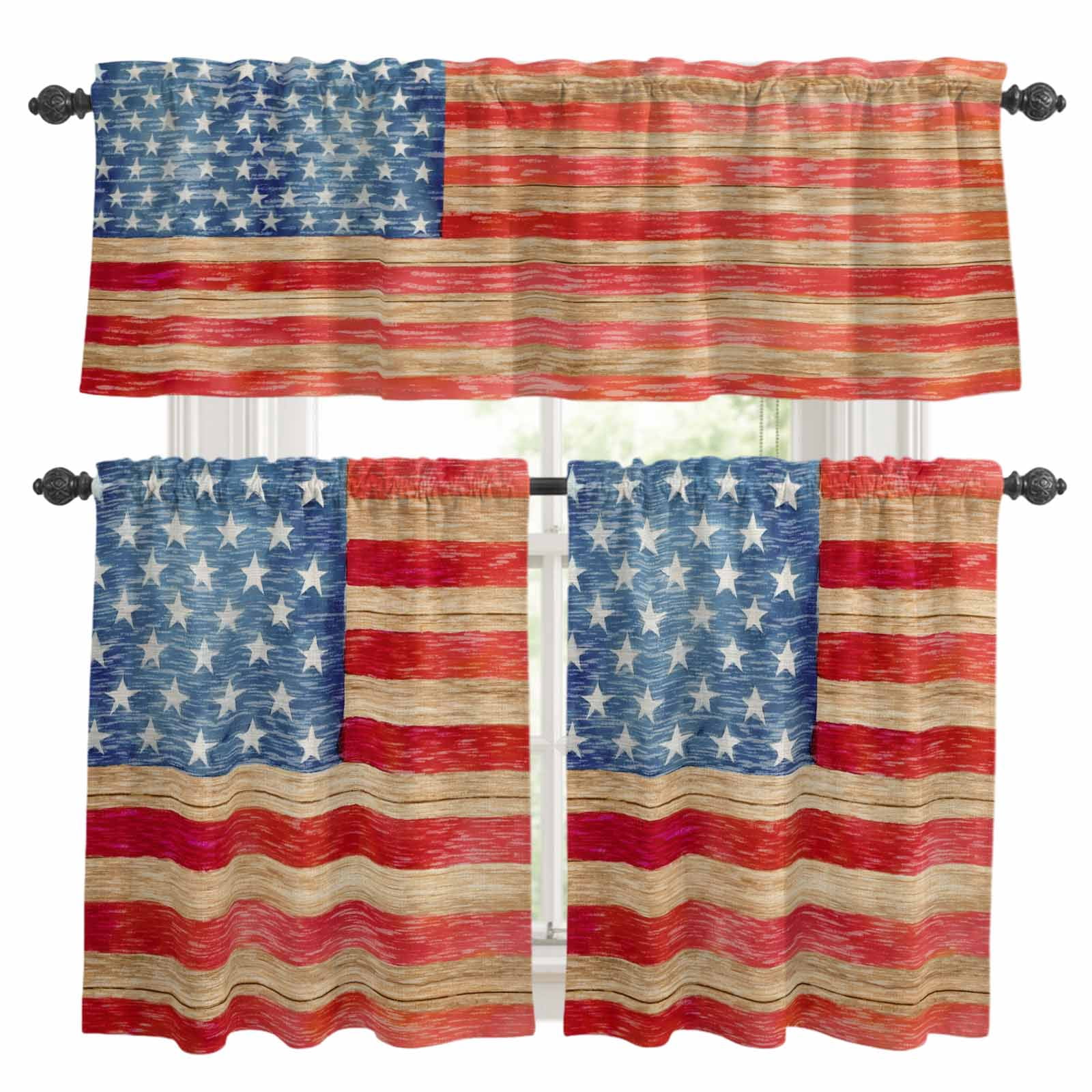 3 Piece Kitchen Curtains and Valances Set Independence Day Cafe ...