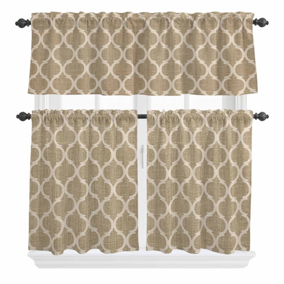 3 Piece Kitchen Curtains and Valances Set Khaki Moroccan Cafe Curtains 36 Inch Length Boho Retro Country Abstract Geometric Grid Valance & Tier Curtain for Living Room Bedroom 54"x18"+27"x36"*2