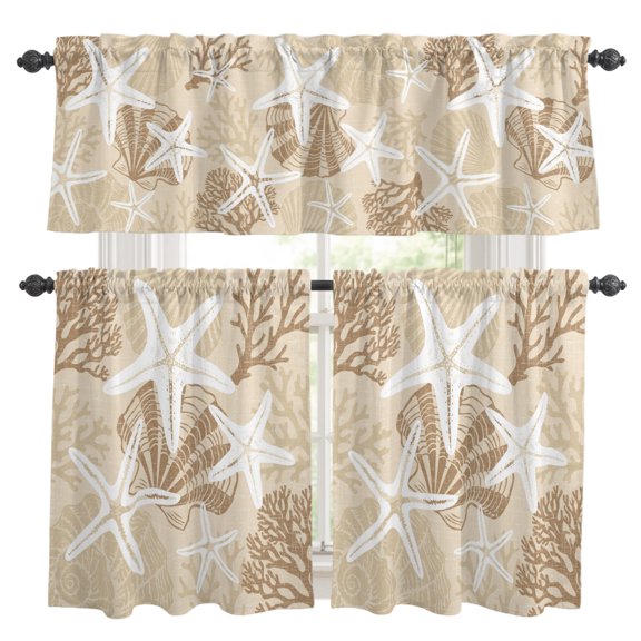 3 Piece Kitchen Curtains and Valances Set Khaki Starfish Cafe Curtains 24 Inch Length Coral Shell Ocean Vintage Coastal Valance & Tier Curtain for Living Room Bedroom Small Window 54"x18"+27"x24"*2