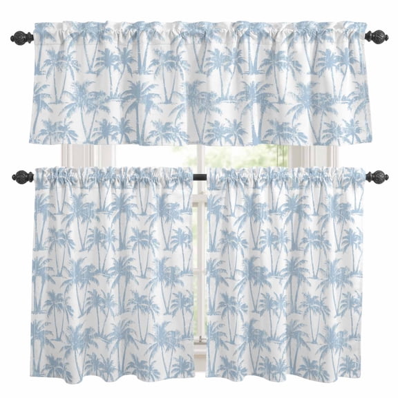 3 Piece Kitchen Curtains and Valances Set Light Blue Palm Tree Cafe Curtains 24 Inch Length Coastal Trees Summer Tropical Botanical Valance & Tier Curtain for Living Room Bedroom 54"x18"+27"x24"*2
