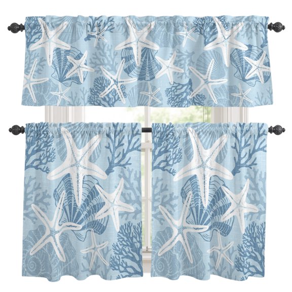 3 Piece Kitchen Curtains and Valances Set Light Blue Starfish Cafe Curtains 24 Inch Length Coral Shell Ocean Vintage Coastal Valance & Tier Curtain for Living Room Bedroom Window 54"x18"+27"x24"*2