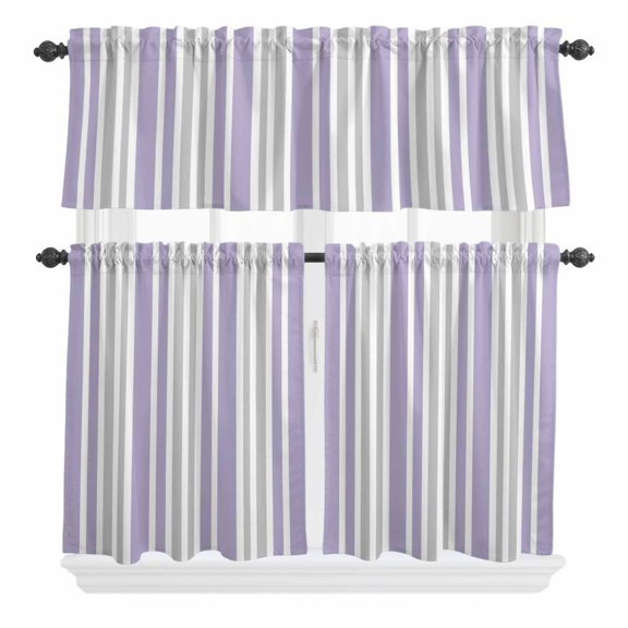 3 Piece Kitchen Curtains and Valances Set Light Purple Grey Stripe Cafe Curtains 24 Inch Length Farmhouse Minimalist Striped Valance & Tier Curtain for Living Room Bedroom Window 54"x18"+27"x24"*2