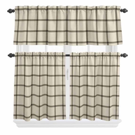 3 Piece Kitchen Curtains and Valances Set Linen Buffalo Check Cafe Curtains 36 Inch Length Retro Black Lines Grid Pattern Valance & Tier Curtain for Living Room Bedroom Small Window 54"x18"+27"x36"*2