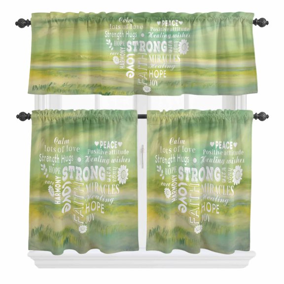 3 Piece Kitchen Curtains and Valances Set Love Peace Text Cafe Curtains 36 Inch Length Green Inspirational Quotes Sunflowers Valance & Tier Curtain for Living Room Bedroom Window 54"x18"+27"x36"*2