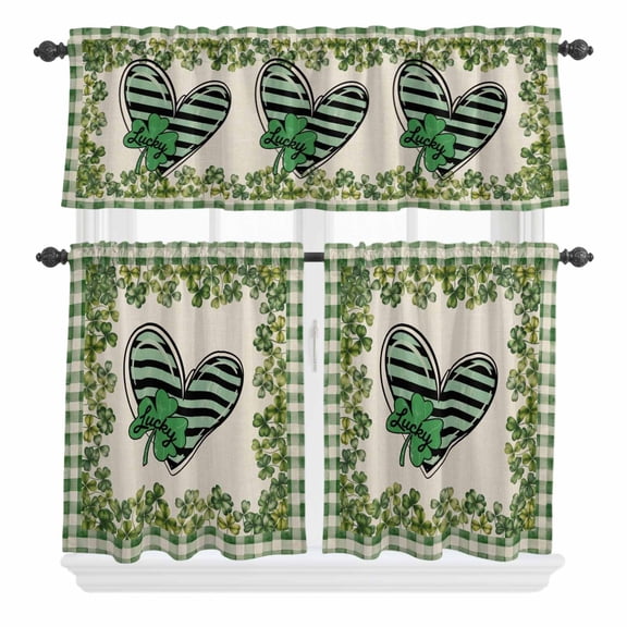 3 Piece Kitchen Curtains and Valances Set Lucky Shamrock Cafe Curtains 24 Inch Length St. Patrick's Day Love Leaves Plaid Beige Valance & Tier Curtain for Living Room Bedroom Window 54"x18"+27"x24"*2