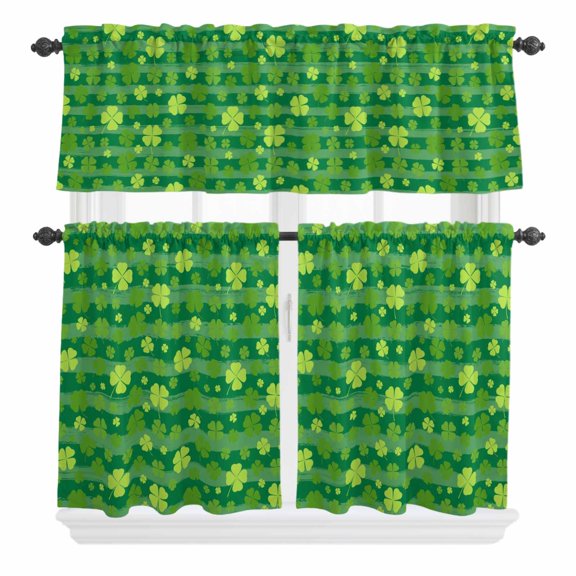 3 Piece Kitchen Curtains and Valances Set Lucky Shamrock Cafe Curtains 24 Inch Length St. Patrick's Day Spring Plants Green Stripes Valance & Tier Curtain for Living Room Bedroom 54"x18"+27"x24"*2