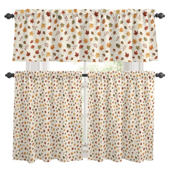 3 Piece Kitchen Curtains and Valances Set Maple Leaves Fall Cafe Curtains 36 Inch Length Autumn Ditsy Botanical Thanksgiving Valance & Tier Curtain for Living Room Bedroom Window 54"x18"+27"x36"*2