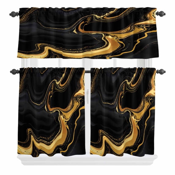 3 Piece Kitchen Curtains and Valances Set Marble Black Cafe Curtains 24 Inch Length Vintage Gold Art Abstract Farmhouse Valance & Tier Curtain for Living Room Bedroom Small Window 54"x18"+27"x24"*2