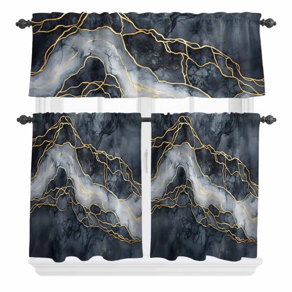 3 Piece Kitchen Curtains and Valances Set Marble Cafe Curtains 24 Inch Length Navy Blue Modern Luxury Gold Texture Valance & Tier Curtain for Living Room Bedroom Small Window 54"x18"+27"x24"*2