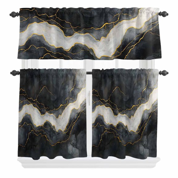 3 Piece Kitchen Curtains and Valances Set Marble Cafe Curtains 36 Inch Length Black Grey Modern Luxury Gold Valance & Tier Curtain for Living Room Bedroom Small Window 54"x18"+27"x36"*2